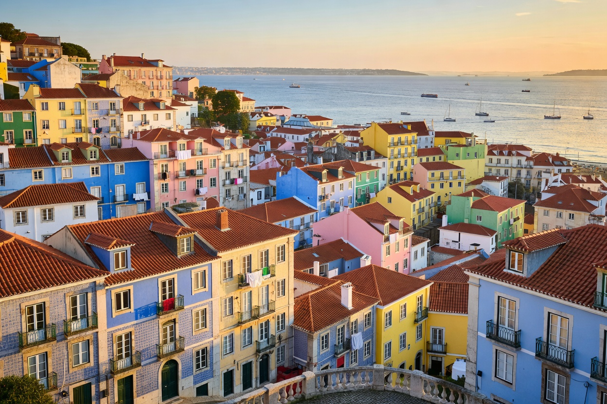 Lisbon coastal city view and colorful architecture